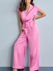 Bright Pink Satin Belted Wide Leg Jumpsuit - Image 2 of 5