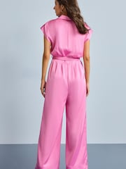 Bright Pink Satin Belted Wide Leg Jumpsuit - Image 3 of 5
