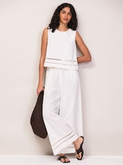 Ro&Zo White Ladder Trim Wide Leg Trousers With Linen - Image 5 of 7