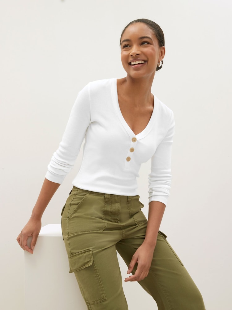 White Long Sleeve Ribbed Henley Button Top - Image 1 of 6