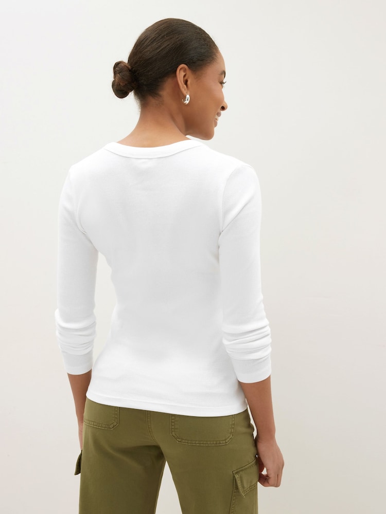White Long Sleeve Ribbed Henley Button Top - Image 2 of 6