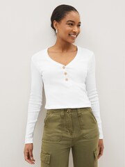 White Long Sleeve Ribbed Henley Button Top - Image 4 of 6