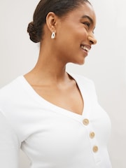 White Long Sleeve Ribbed Henley Button Top - Image 5 of 6