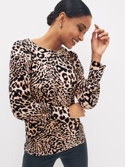 Brown Animal Long Sleeve Crew Neck Cuff Blouse - Image 1 of 4