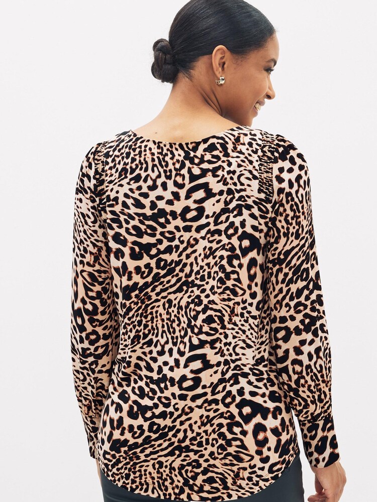 Brown Animal Long Sleeve Crew Neck Cuff Blouse - Image 2 of 4