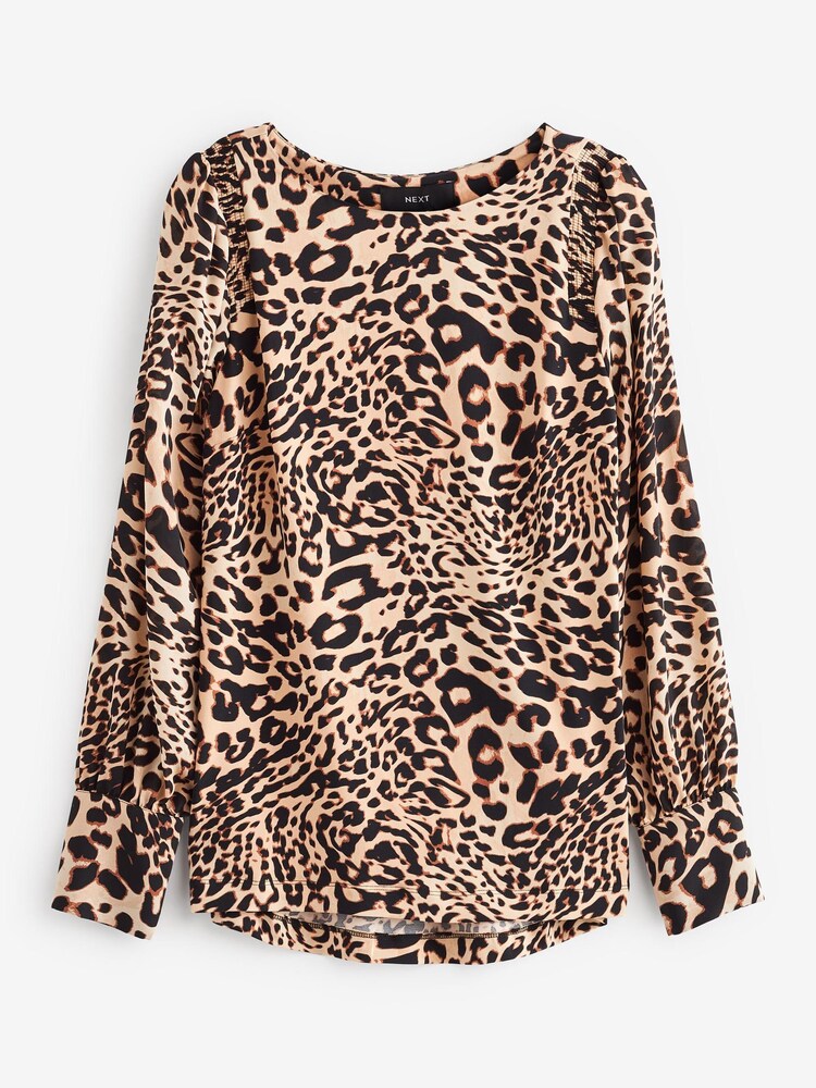 Brown Animal Long Sleeve Crew Neck Cuff Blouse - Image 4 of 4