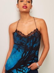 Blue/Black Scenic Print Lace Trim Cami Top - Image 1 of 5