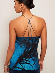 Blue/Black Scenic Print Lace Trim Cami Top - Image 3 of 5