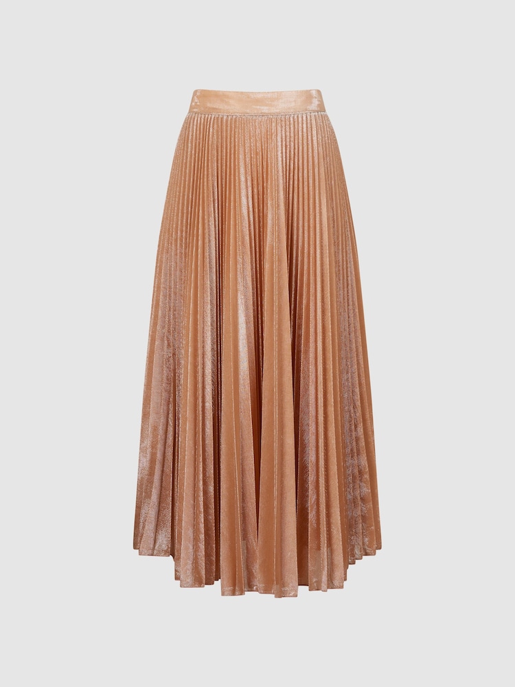 Reiss Nude Alessia Metallic Pleated Skirt - Image 2 of 6