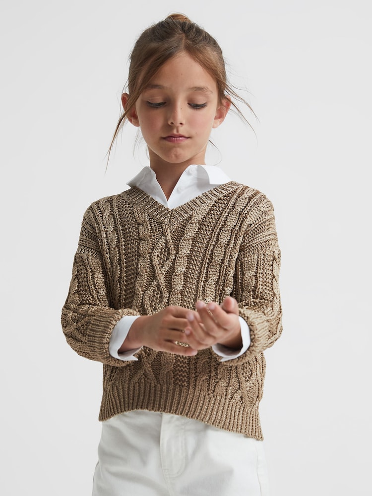 Reiss Gold Vanessa Junior Cable Knitted Jumper - Image 1 of 6 Reiss Gold Vanessa Junior Cable Knitted Jumper - Image 1 of 6
