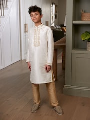 Ivory Cream/Gold Regular Length Embroidered Boys Kurta (3-16yrs) - Image 1 of 7