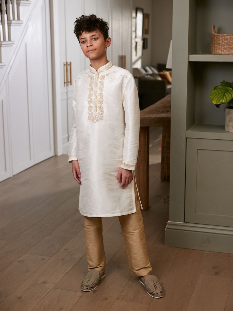 Ivory Cream/Gold Regular Length Embroidered Boys Kurta (3-16yrs) - Image 1 of 7
