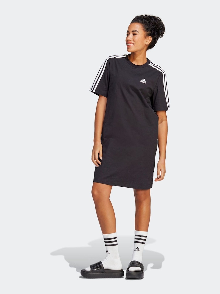 adidas Black 100% Cotton Sportswear Essentials 3-Stripes Single Jersey Boyfriend T-Shirt Dress - Image 1 of 4