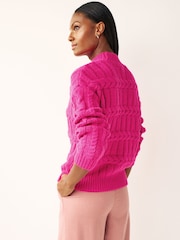 Bright Pink Cable Detail High Neck Jumper - Image 3 of 6