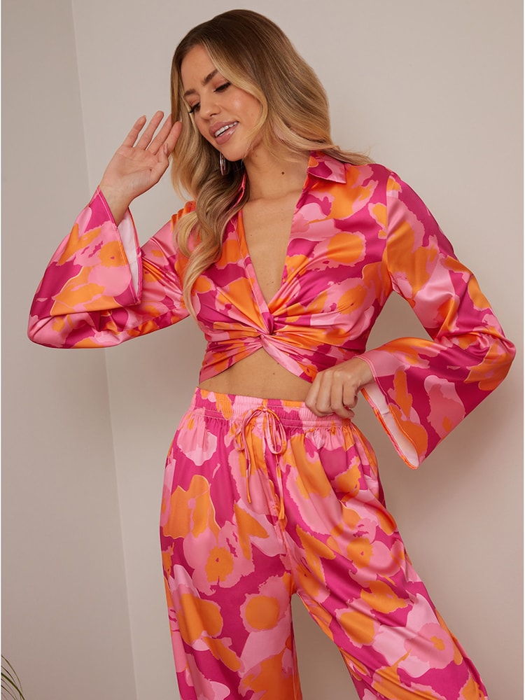Chi Chi London Pink Abstract Print Satin Shirt - Image 3 of 4