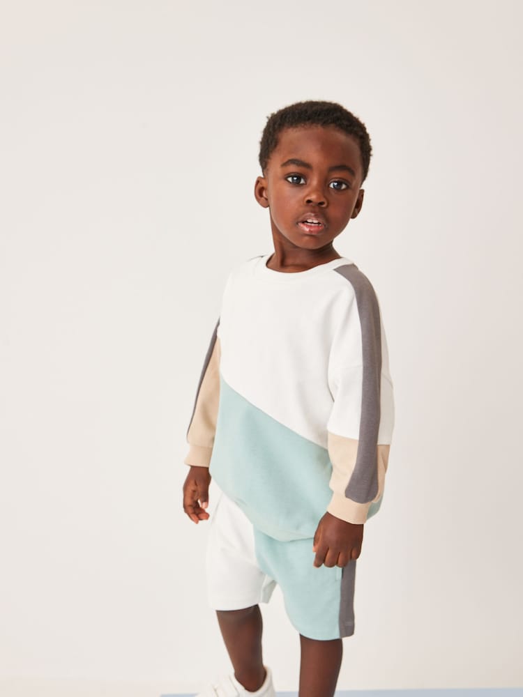 Mineral green/White Colourblock Sweatshirt And Shorts Set (3mths-7yrs) - Image 2 of 7 Mineral green/White Colourblock Sweatshirt And Shorts Set (3mths-7yrs) - Image 2 of 7