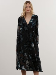 Religion Black Lux Velvet Midi Wrap Dress In Burn Out Floral Fabric - Image 1 of 6