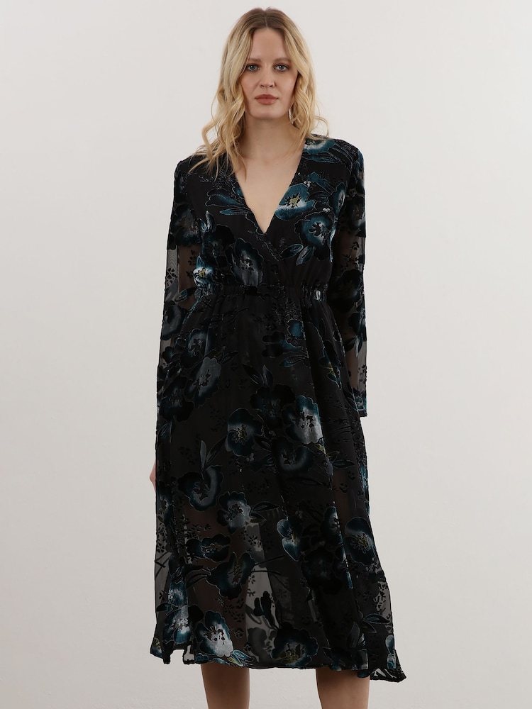 Religion Black Lux Velvet Midi Wrap Dress In Burn Out Floral Fabric - Image 1 of 6
