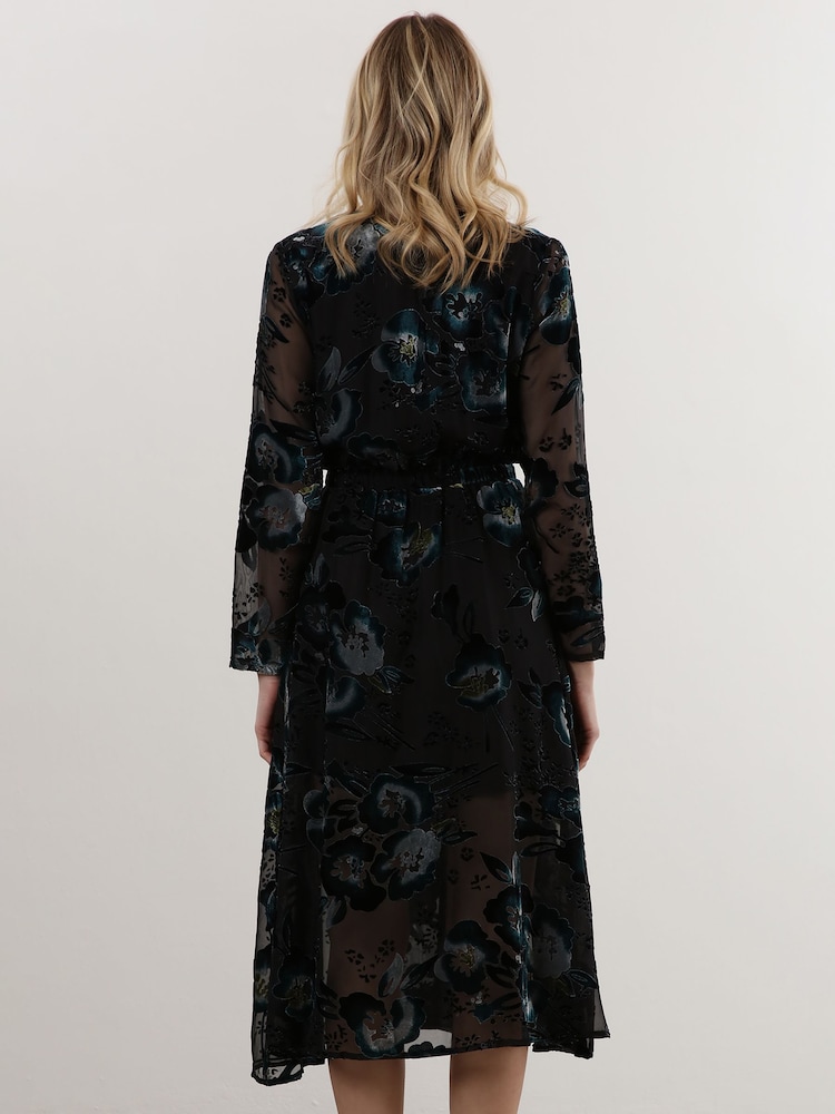 Religion Black Lux Velvet Midi Wrap Dress In Burn Out Floral Fabric - Image 2 of 6