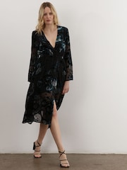 Religion Black Lux Velvet Midi Wrap Dress In Burn Out Floral Fabric - Image 3 of 6
