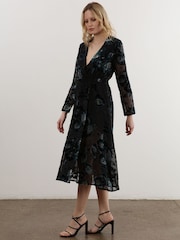 Religion Black Lux Velvet Midi Wrap Dress In Burn Out Floral Fabric - Image 5 of 6