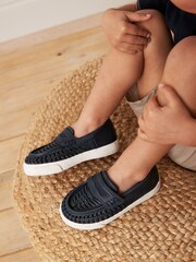Navy Blue Woven Detail Contrast Sole Loafers - Image 1 of 9