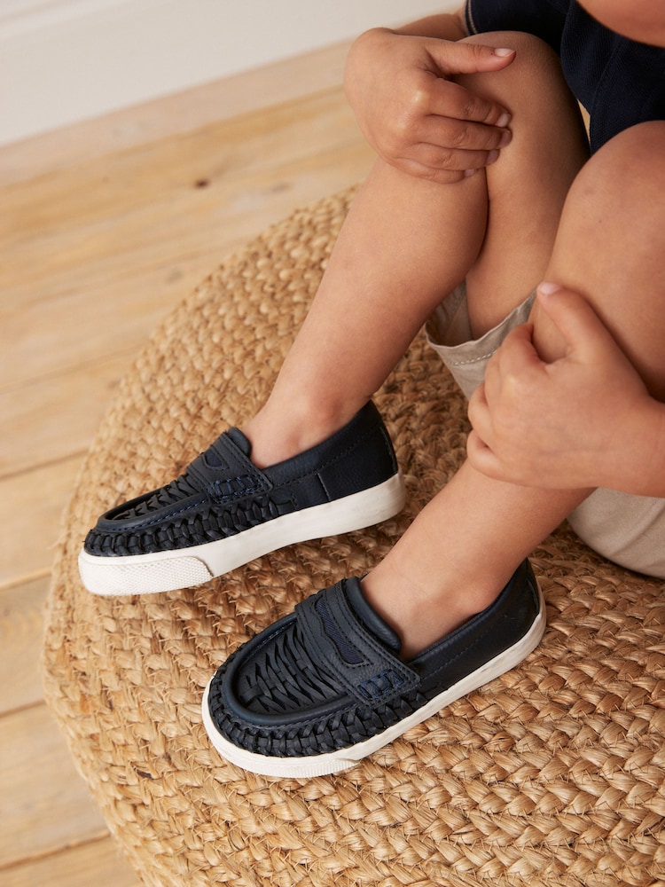 Navy Blue Woven Detail Contrast Sole Loafers - Image 1 of 9