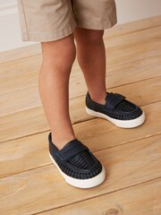 Navy Blue Woven Detail Contrast Sole Loafers - Image 3 of 9