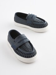 Navy Blue Woven Detail Contrast Sole Loafers - Image 4 of 9