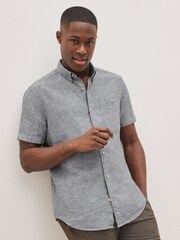 Grey Standard Collar Linen Blend Short Sleeve Shirt - Image 1 of 3