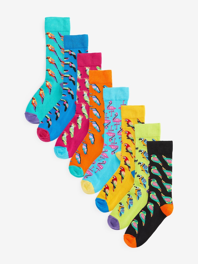 Bright Birds Fun Pattern Socks 8 Pack - Image 1 of 8 Bright Birds Fun Pattern Socks 8 Pack - Image 1 of 8