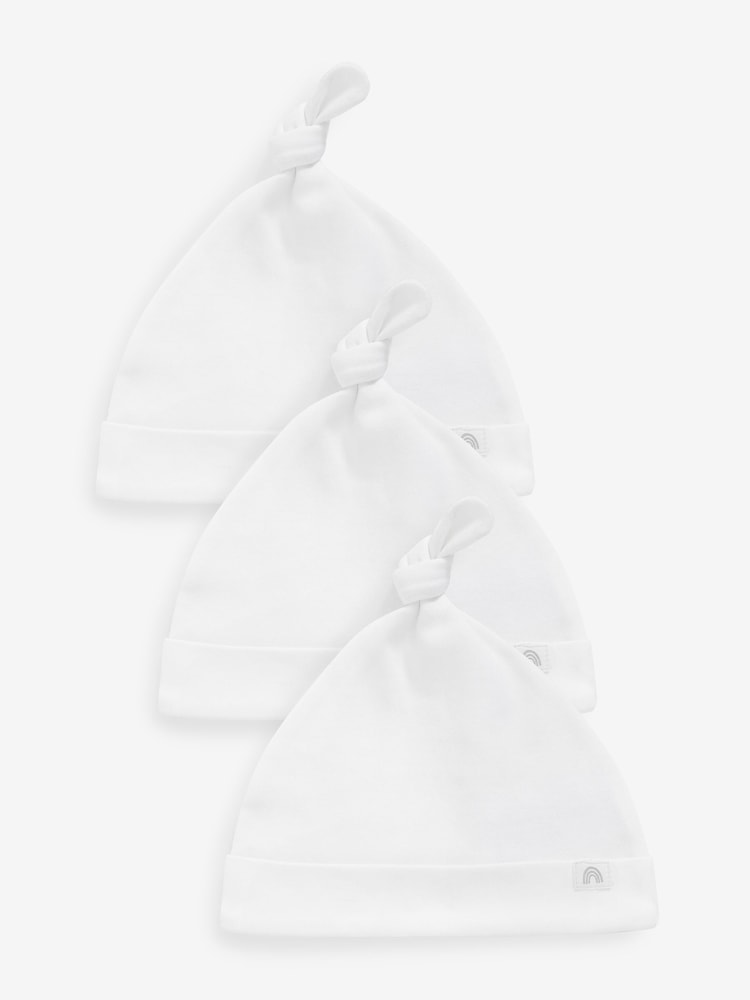White 100% Cotton Tie Top Baby Hats 3 Pack (0-12mths) - Image 1 of 2