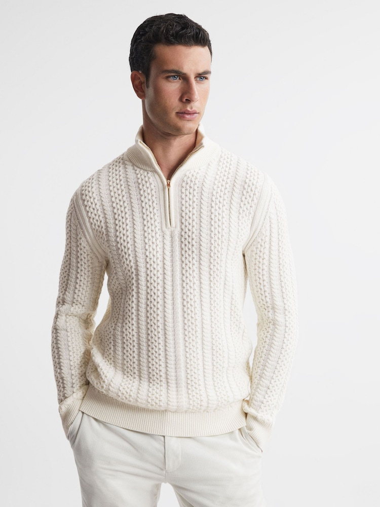 Reiss Ecru Bantham Cable Knit Half-Zip Funnel Neck Jumper - Image 1 of 4