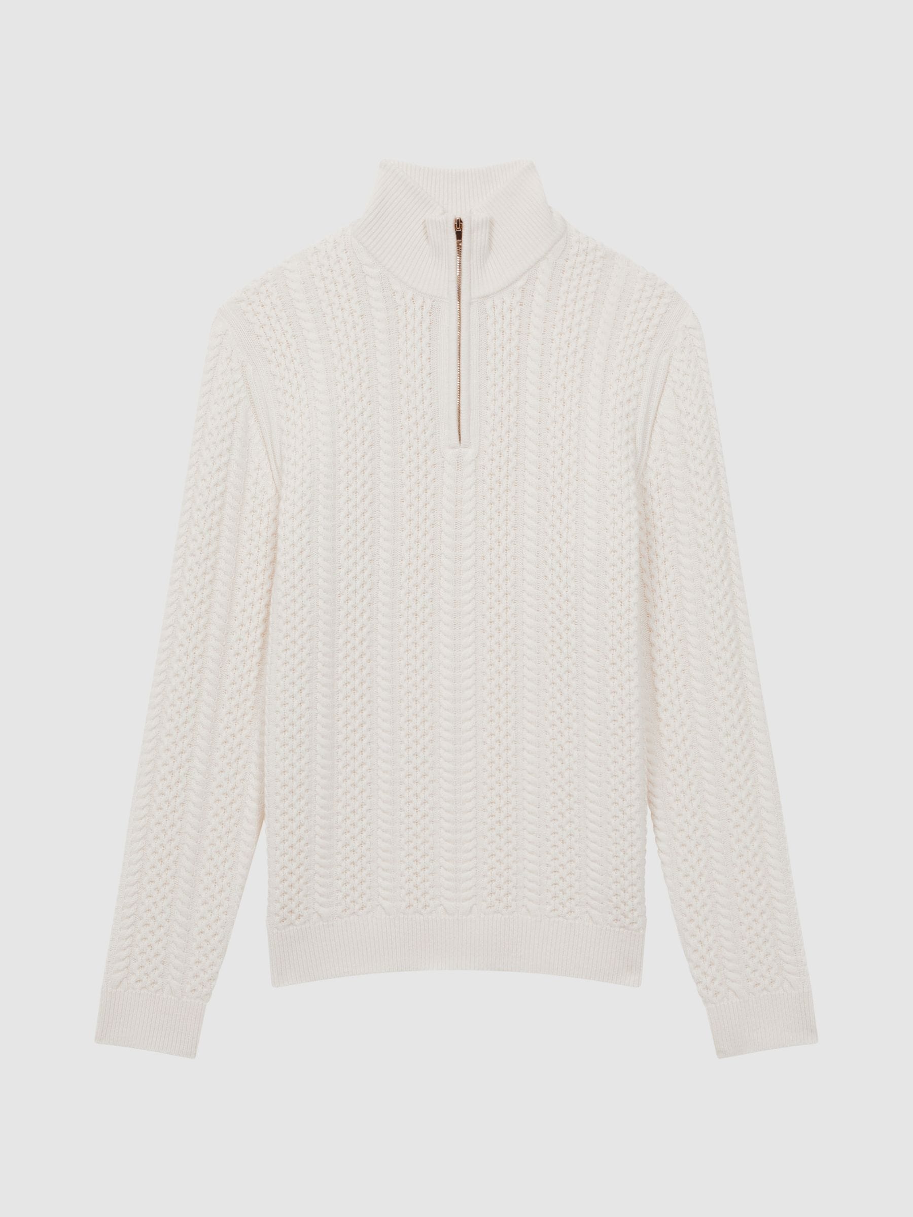 Buy Reiss Ecru Bantham Cable Knit Half-Zip Funnel Neck