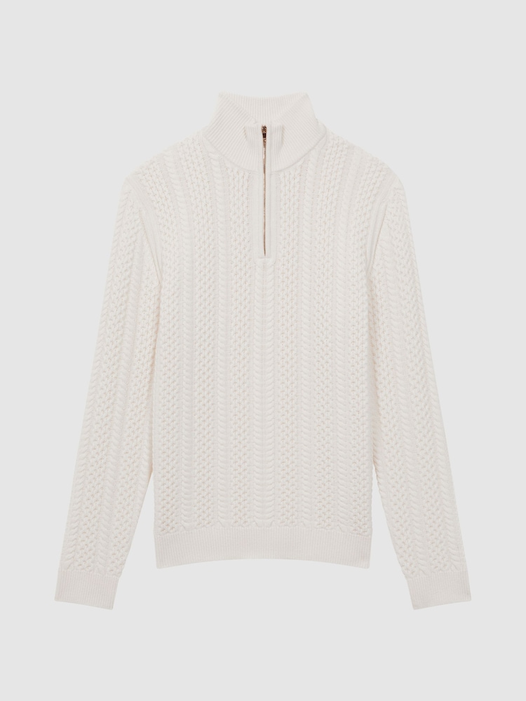 Reiss Ecru Bantham Cable Knit Half-Zip Funnel Neck Jumper - Image 2 of 4