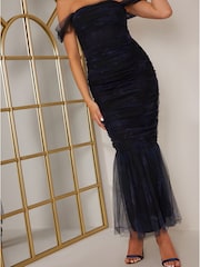 Chi Chi London Black Bardot Ruched Mesh Maxi Dress - Image 3 of 5