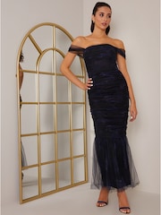 Chi Chi London Black Bardot Ruched Mesh Maxi Dress - Image 4 of 5