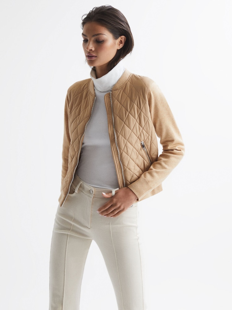 Reiss Camel Ayla Hybrid Zip Through Quilted Jumper - Image 1 of 7