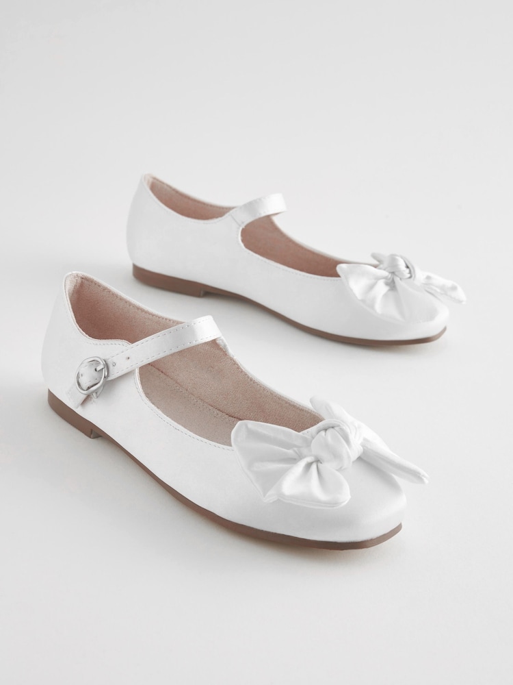 White Satin (Stain Resistant) Bow Standard Fit (F) Square Toe Mary Jane Occasion Shoes - Image 2 of 5