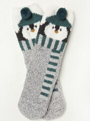 FatFace Green Fluffy Penguin Socks - Image 1 of 3