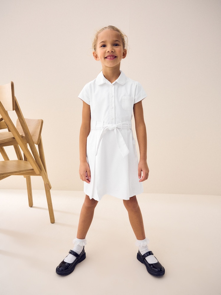 White Gingham Cotton Rich Belted School Dress with Scrunchie (3-14yrs) - Image 1 of 9 White Gingham Cotton Rich Belted School Dress with Scrunchie (3-14yrs) - Image 1 of 9