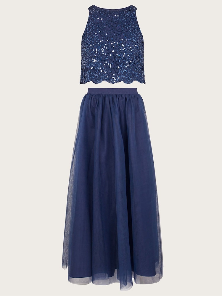 Monsoon Blue Sequin Lace Top and Maxi Tulle Skirt Prom Set - Image 1 of 4