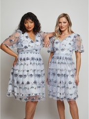 Chi Chi London Blue V-Neck Embroidered Lace Midi Dress - Image 1 of 4