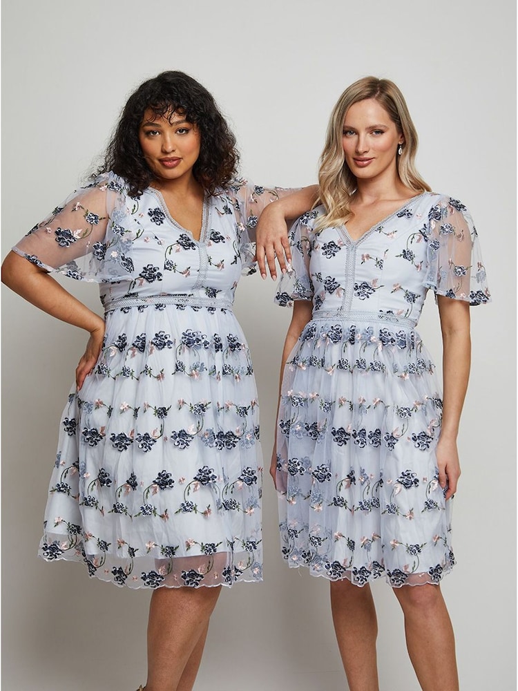 Chi Chi London Blue V-Neck Embroidered Lace Midi Dress - Image 1 of 4