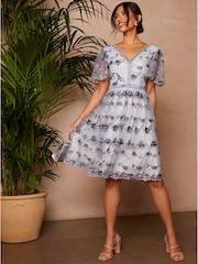 Chi Chi London Blue V-Neck Embroidered Lace Midi Dress - Image 3 of 4