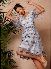 Chi Chi London Blue V-Neck Embroidered Lace Midi Dress - Image 4 of 4