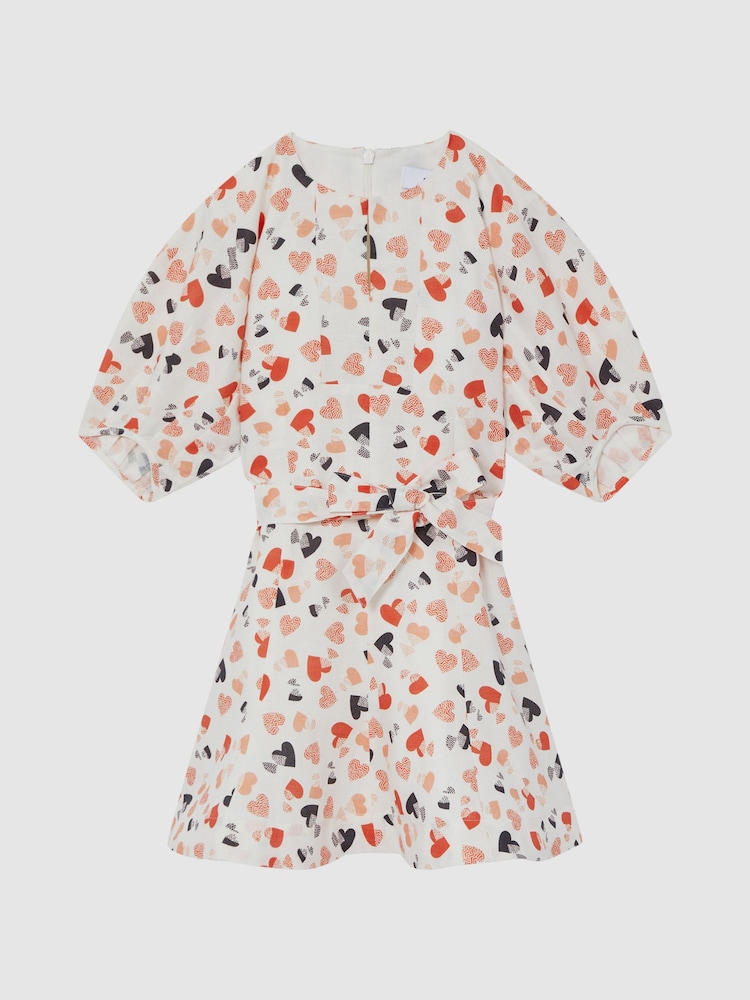 Reiss Ivory Print Freeda 9-12 yrs Heart Print Linen Mini Dress - Image 2 of 6