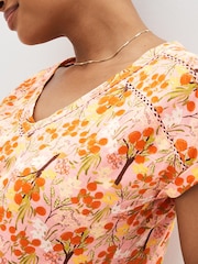 Pink Ditsy Oranges V-Neck Cotton Bubble Hem Top - Image 4 of 5