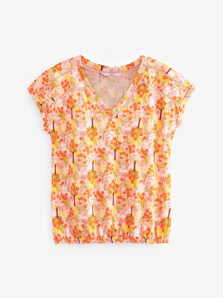 Pink Ditsy Oranges V-Neck Cotton Bubble Hem Top - Image 5 of 5