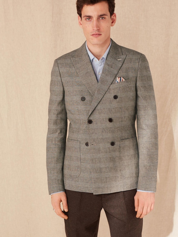 Taupe Brown Double Breasted Slim Nova Fides Check Blazer - Image 1 of 13